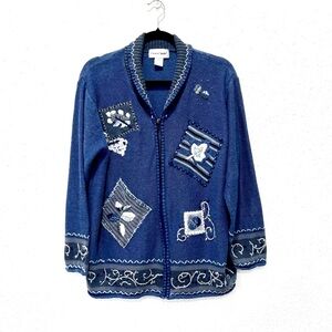 Graver Studio novelty Blue Cardigan with Embroidered Patches 1X